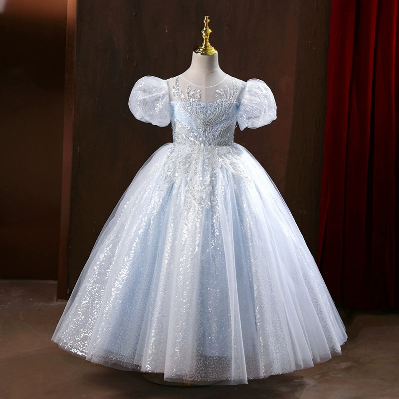 Princess Dusty Blue Tulle Back Zip Baptism Sequins Floor Length Short Sleeve Puff Sleeve Round Flower Girl Dress