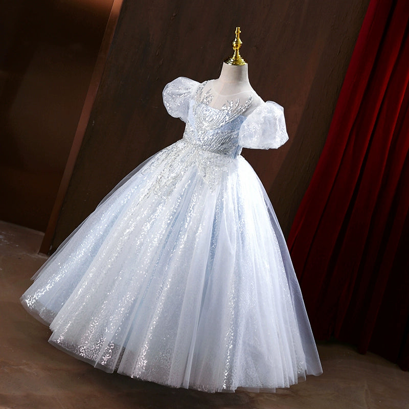 Princess Dusty Blue Tulle Back Zip Baptism Sequins Floor Length Short Sleeve Puff Sleeve Round Flower Girl Dress