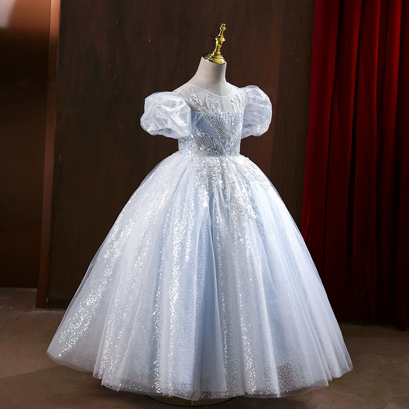 Princess Dusty Blue Tulle Back Zip Baptism Sequins Floor Length Short Sleeve Puff Sleeve Round Flower Girl Dress