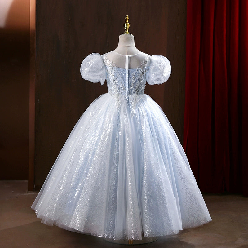 Princess Dusty Blue Tulle Back Zip Baptism Sequins Floor Length Short Sleeve Puff Sleeve Round Flower Girl Dress