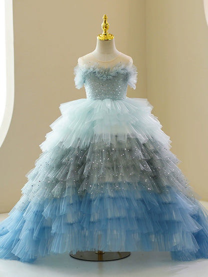 Princess Dusty Blue Tulle Crossed Straps Baptism Cascading Ruffles Floor Length Sleeveless Sweetheart Flower Girl Dress