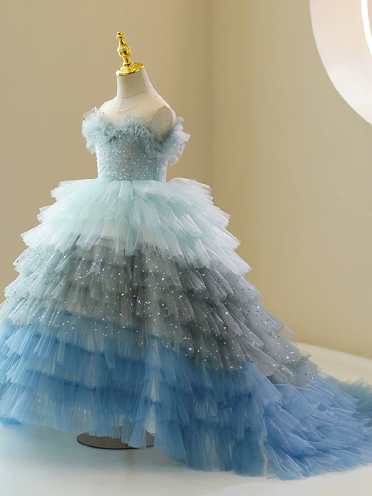 Princess Dusty Blue Tulle Crossed Straps Baptism Cascading Ruffles Floor Length Sleeveless Sweetheart Flower Girl Dress