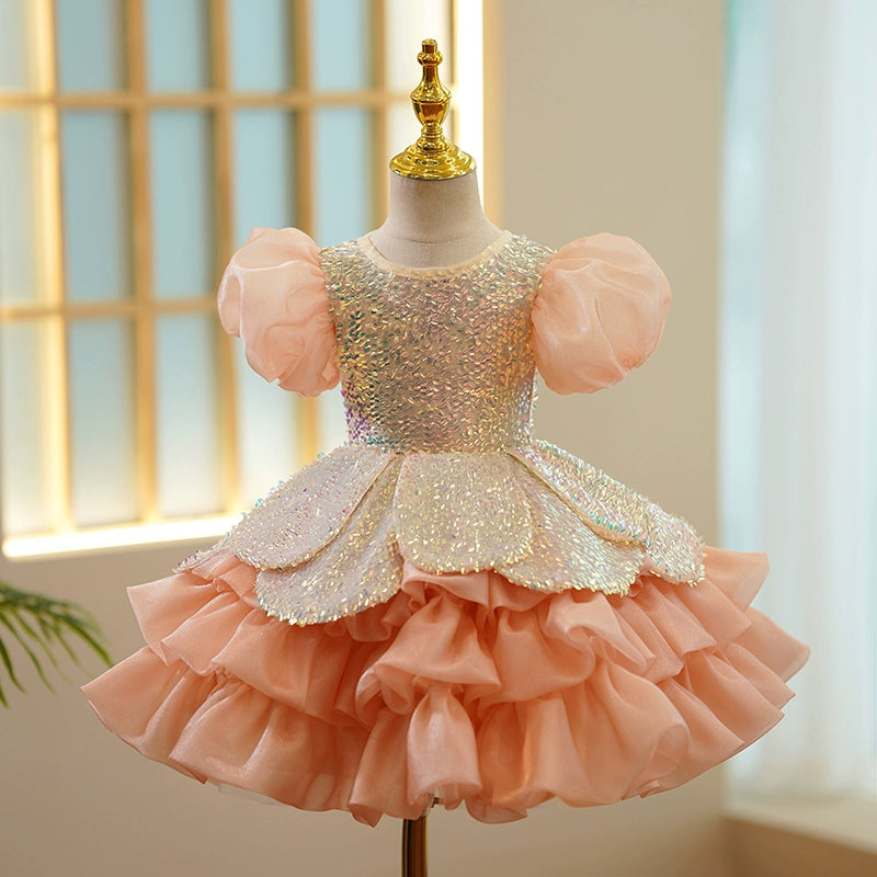 Princess Dusty Rose Sequined Back Zip Baptism Sequin Tea Length Short Sleeve Puff Sleeve Round Flower Girl Dress