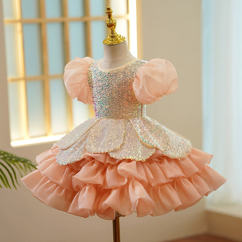 Princess Dusty Rose Sequined Back Zip Baptism Sequin Tea Length Short Sleeve Puff Sleeve Round Flower Girl Dress