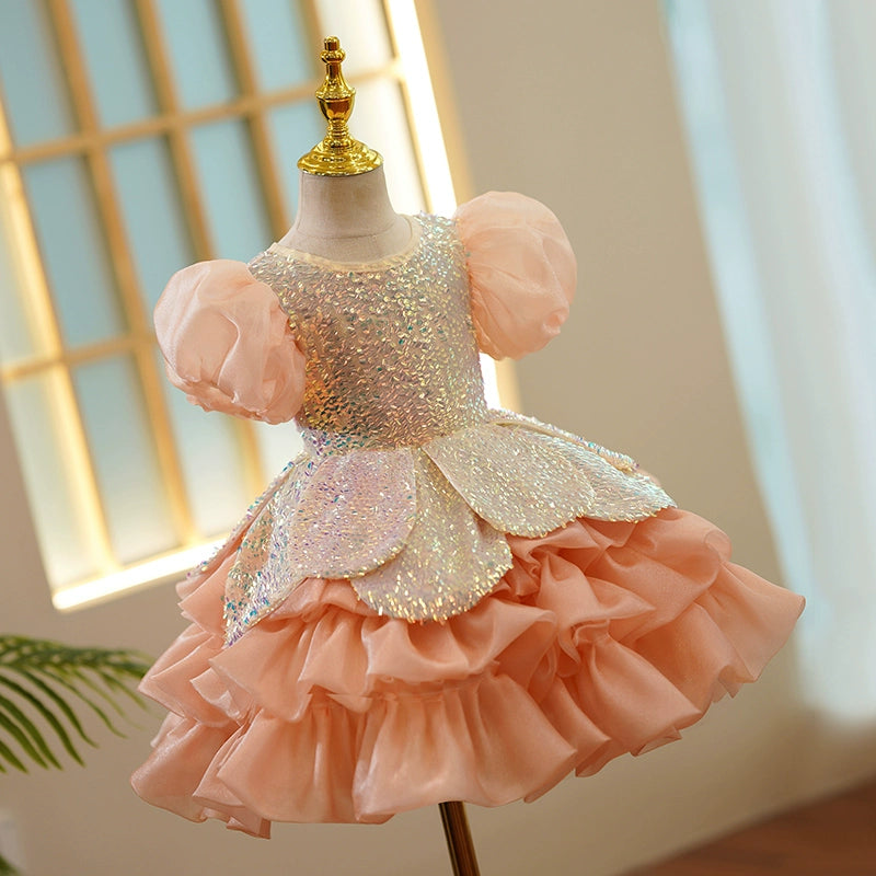 Princess Dusty Rose Sequined Back Zip Baptism Sequin Tea Length Short Sleeve Puff Sleeve Round Flower Girl Dress