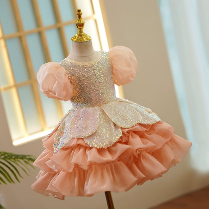 Princess Dusty Rose Sequined Back Zip Baptism Sequin Tea Length Short Sleeve Puff Sleeve Round Flower Girl Dress