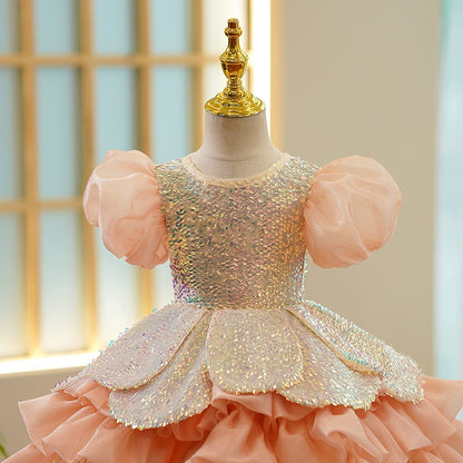 Princess Dusty Rose Sequined Back Zip Baptism Sequin Tea Length Short Sleeve Puff Sleeve Round Flower Girl Dress