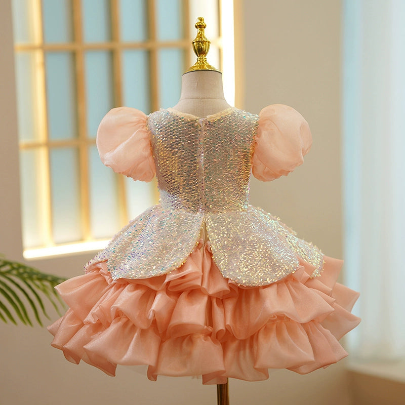 Princess Dusty Rose Sequined Back Zip Baptism Sequin Tea Length Short Sleeve Puff Sleeve Round Flower Girl Dress