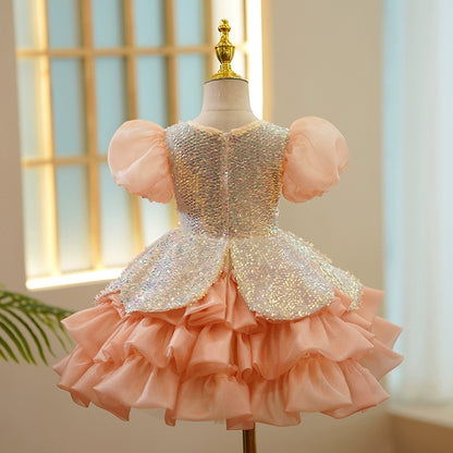 Princess Dusty Rose Sequined Back Zip Baptism Sequin Tea Length Short Sleeve Puff Sleeve Round Flower Girl Dress