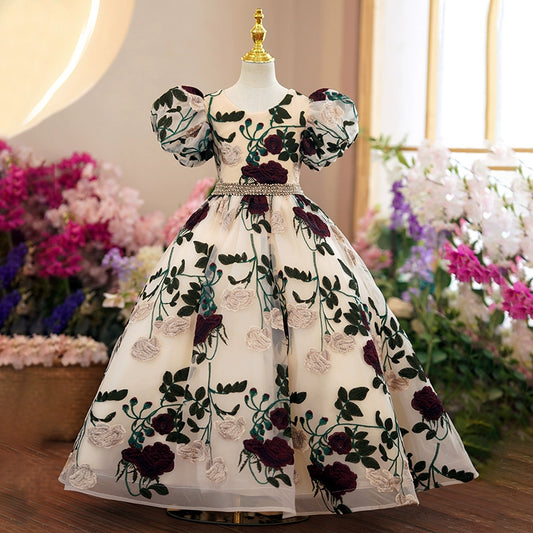 Princess Floral Organza Back Zip Baptism Applique Floor Length Short Sleeve Puff Sleeve Scoop Flower Girl Dress