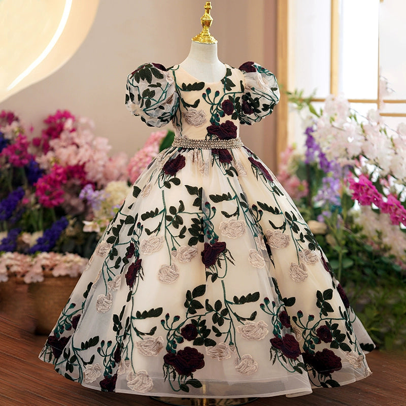 Princess Floral Organza Back Zip Baptism Applique Floor Length Short Sleeve Puff Sleeve Scoop Flower Girl Dress