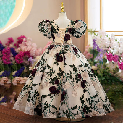 Princess Floral Organza Back Zip Baptism Applique Floor Length Short Sleeve Puff Sleeve Scoop Flower Girl Dress