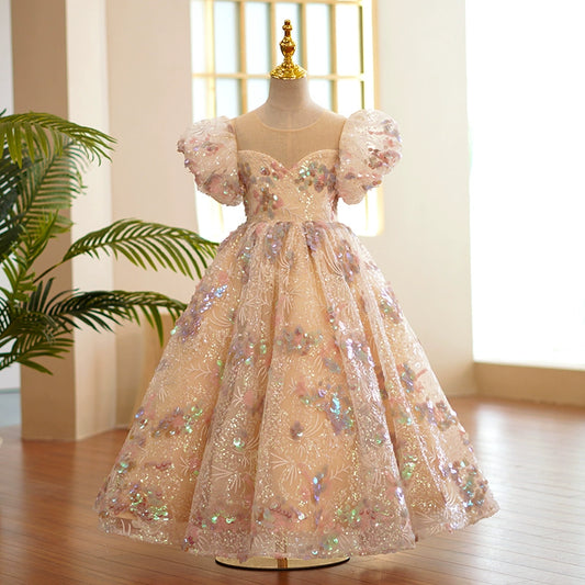 Princess Floral Organza Back Zip Baptism Sequins Floor Length Short Sleeve Puff Sleeve Sweetheart Flower Girl Dress