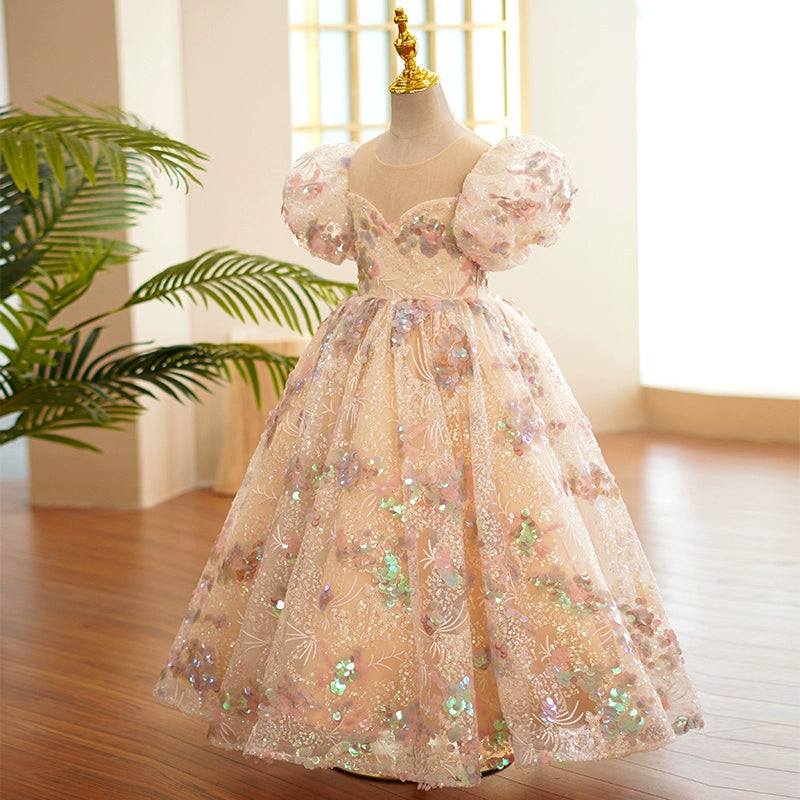 Princess Floral Organza Back Zip Baptism Sequins Floor Length Short Sleeve Puff Sleeve Sweetheart Flower Girl Dress