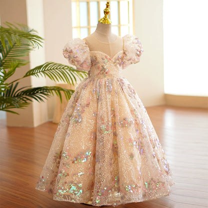 Princess Floral Organza Back Zip Baptism Sequins Floor Length Short Sleeve Puff Sleeve Sweetheart Flower Girl Dress