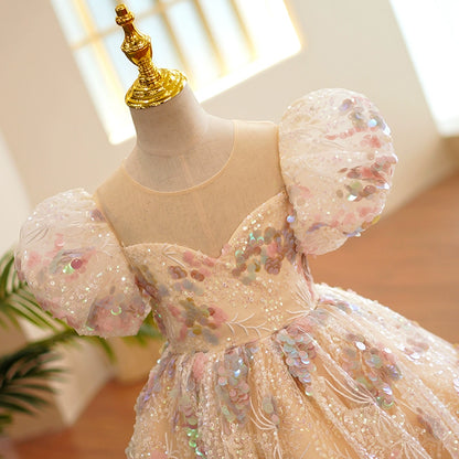 Princess Floral Organza Back Zip Baptism Sequins Floor Length Short Sleeve Puff Sleeve Sweetheart Flower Girl Dress