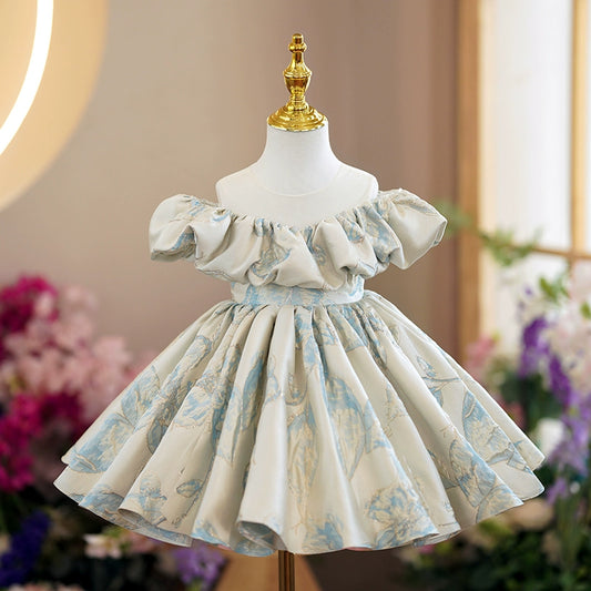 Princess Floral Satin Back Zip Baptism Tea Length Short Sleeve Cold Shoulder Sleeve Off Shoulder Flower Girl Dress
