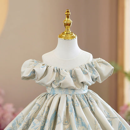Princess Floral Satin Back Zip Baptism Tea Length Short Sleeve Cold Shoulder Sleeve Off Shoulder Flower Girl Dress