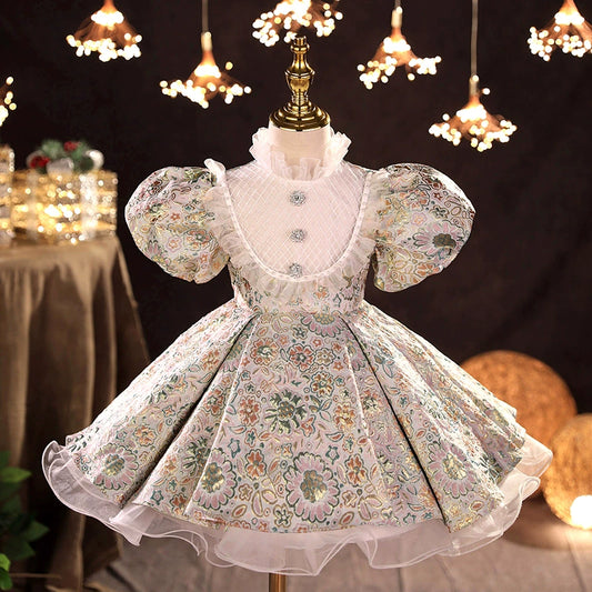Princess Floral Satin Back Zip Baptism Tea Length Short Sleeve Puff Sleeve Mock Neck Flower Girl Dress