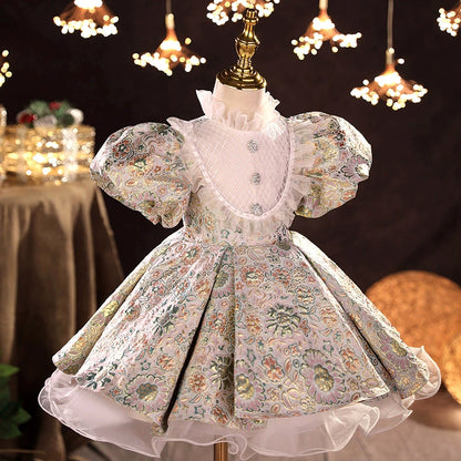 Princess Floral Satin Back Zip Baptism Tea Length Short Sleeve Puff Sleeve Mock Neck Flower Girl Dress