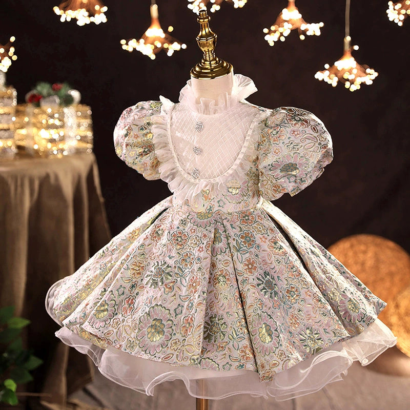 Princess Floral Satin Back Zip Baptism Tea Length Short Sleeve Puff Sleeve Mock Neck Flower Girl Dress