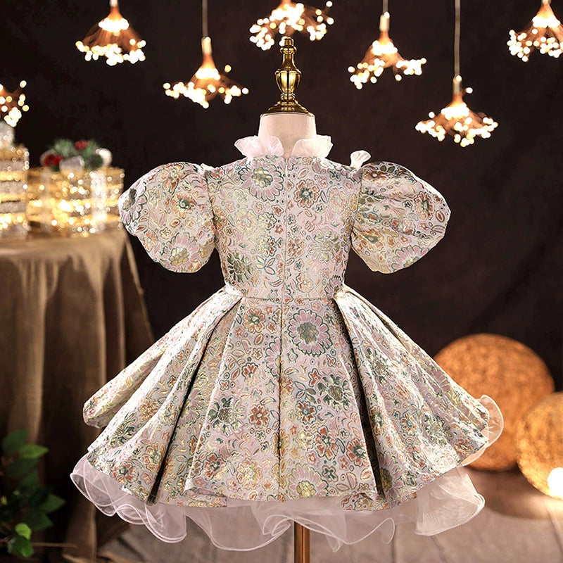 Princess Floral Satin Back Zip Baptism Tea Length Short Sleeve Puff Sleeve Mock Neck Flower Girl Dress
