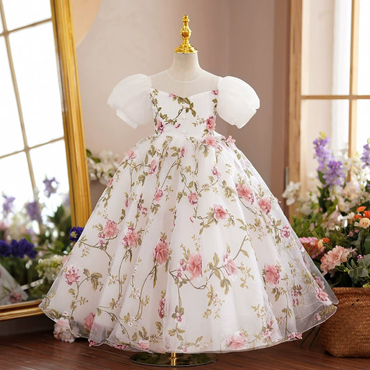 Princess Floral Tulle Back Zip Baptism Bow(s) Floor Length Short Sleeve Puff Sleeve V-Neck Flower Girl Dress