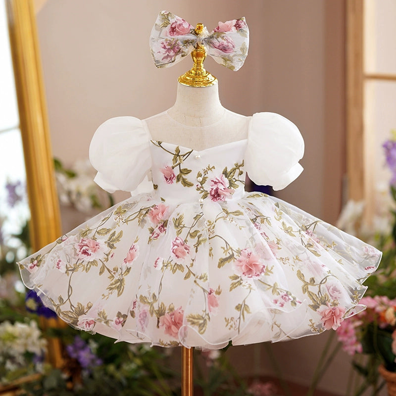 Princess Floral Tulle Back Zip Baptism Bowknot Tea Length Short Sleeve Puff Sleeve Round Flower Girl Dress