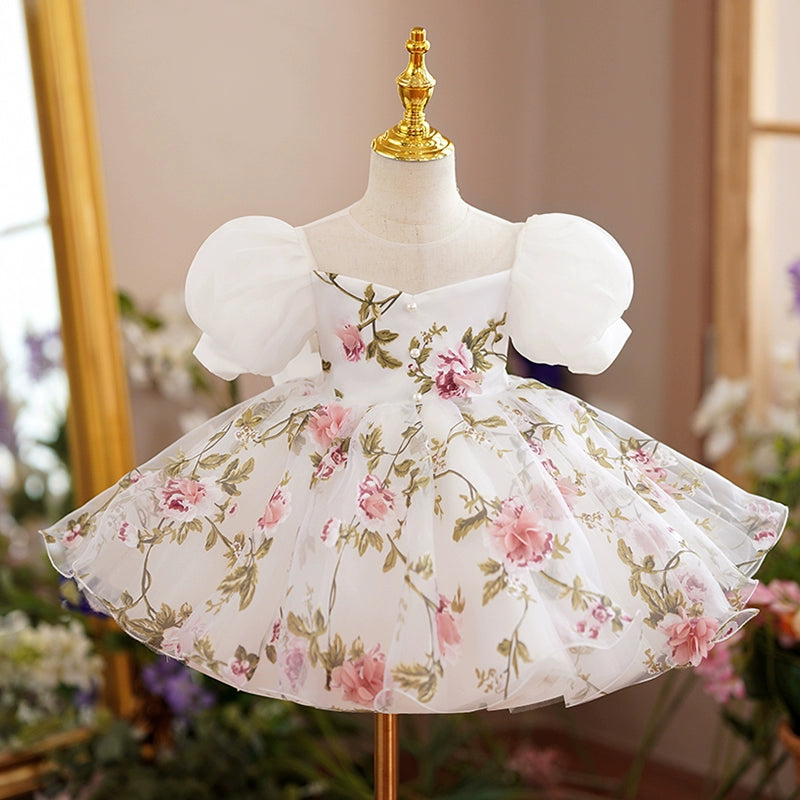 Princess Floral Tulle Back Zip Baptism Bowknot Tea Length Short Sleeve Puff Sleeve Round Flower Girl Dress