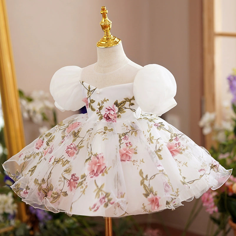 Princess Floral Tulle Back Zip Baptism Bowknot Tea Length Short Sleeve Puff Sleeve Round Flower Girl Dress
