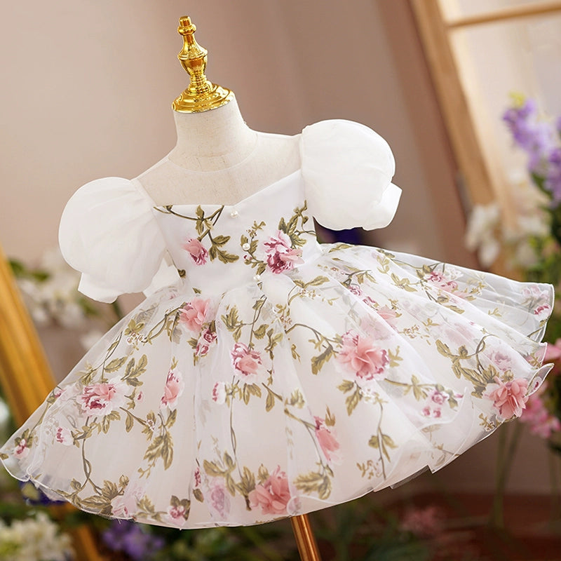 Princess Floral Tulle Back Zip Baptism Bowknot Tea Length Short Sleeve Puff Sleeve Round Flower Girl Dress