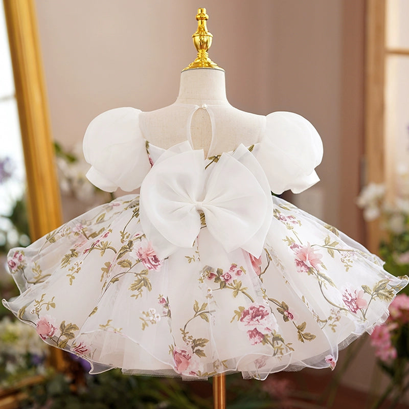 Princess Floral Tulle Back Zip Baptism Bowknot Tea Length Short Sleeve Puff Sleeve Round Flower Girl Dress