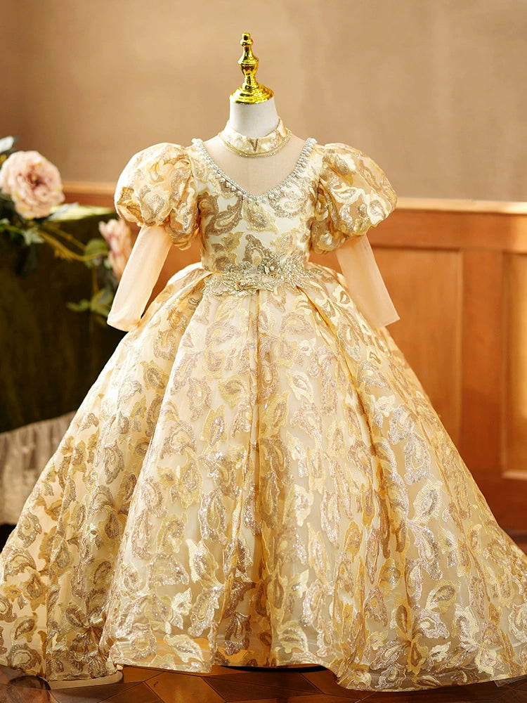 Princess Gold Lace Crossed Straps Baptism Lace Floor Length Long Sleeve Puff Sleeve Mock Neck Flower Girl Dress