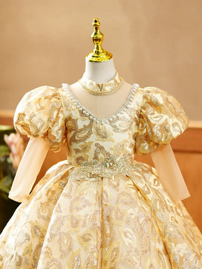 Princess Gold Lace Crossed Straps Baptism Lace Floor Length Long Sleeve Puff Sleeve Mock Neck Flower Girl Dress