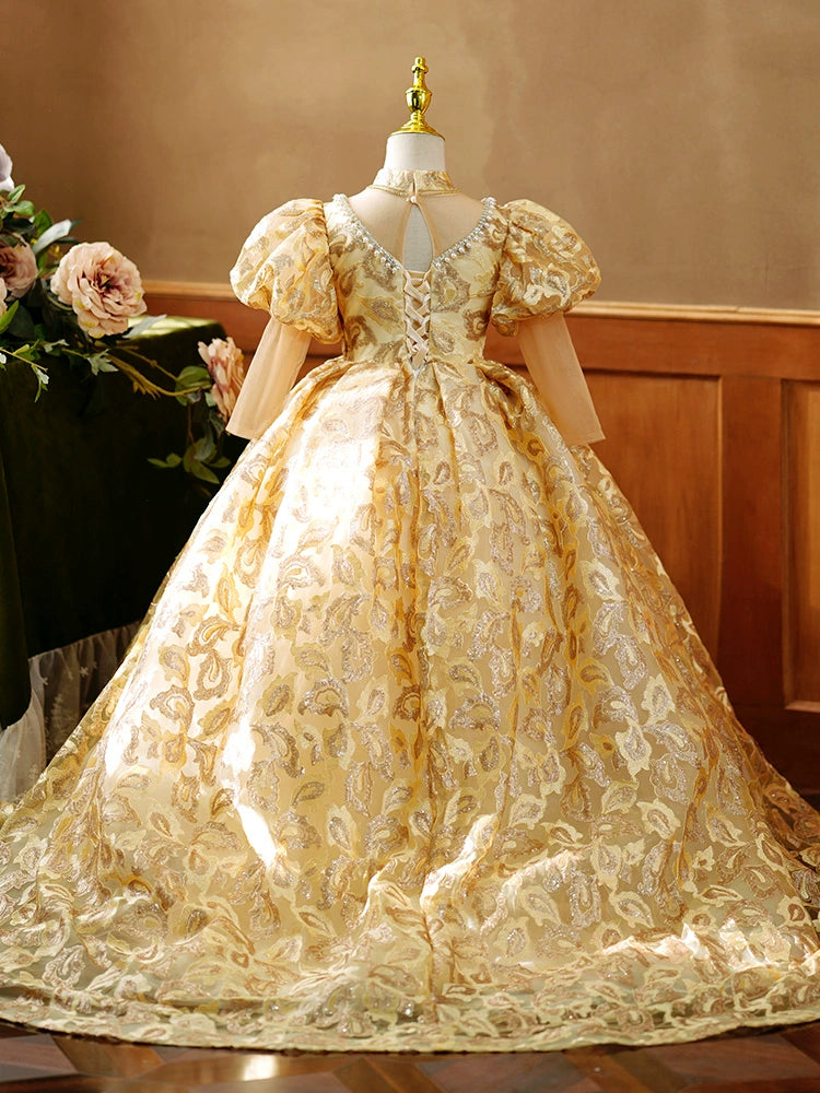 Princess Gold Lace Crossed Straps Baptism Lace Floor Length Long Sleeve Puff Sleeve Mock Neck Flower Girl Dress
