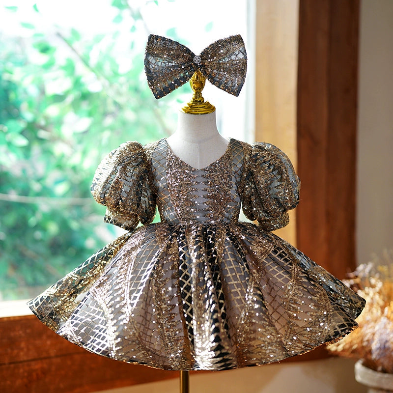 Princess Gold Sequined Back Zip Baptism Sequins Tea Length Short Sleeve Puff Sleeve V-Neck Flower Girl Dress