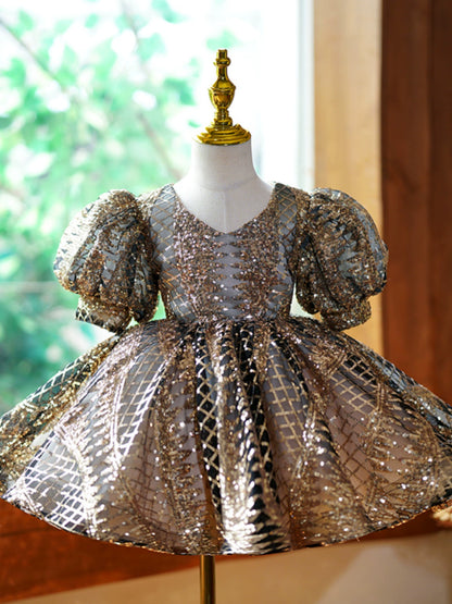 Princess Gold Sequined Back Zip Baptism Sequins Tea Length Short Sleeve Puff Sleeve V-Neck Flower Girl Dress