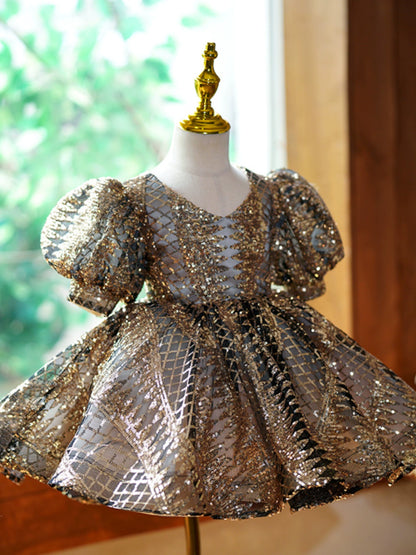 Princess Gold Sequined Back Zip Baptism Sequins Tea Length Short Sleeve Puff Sleeve V-Neck Flower Girl Dress