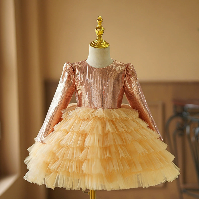 Princess Gold Tulle Back Zip Baptism Tea Length Long Sleeve Round Flower Girl Dress