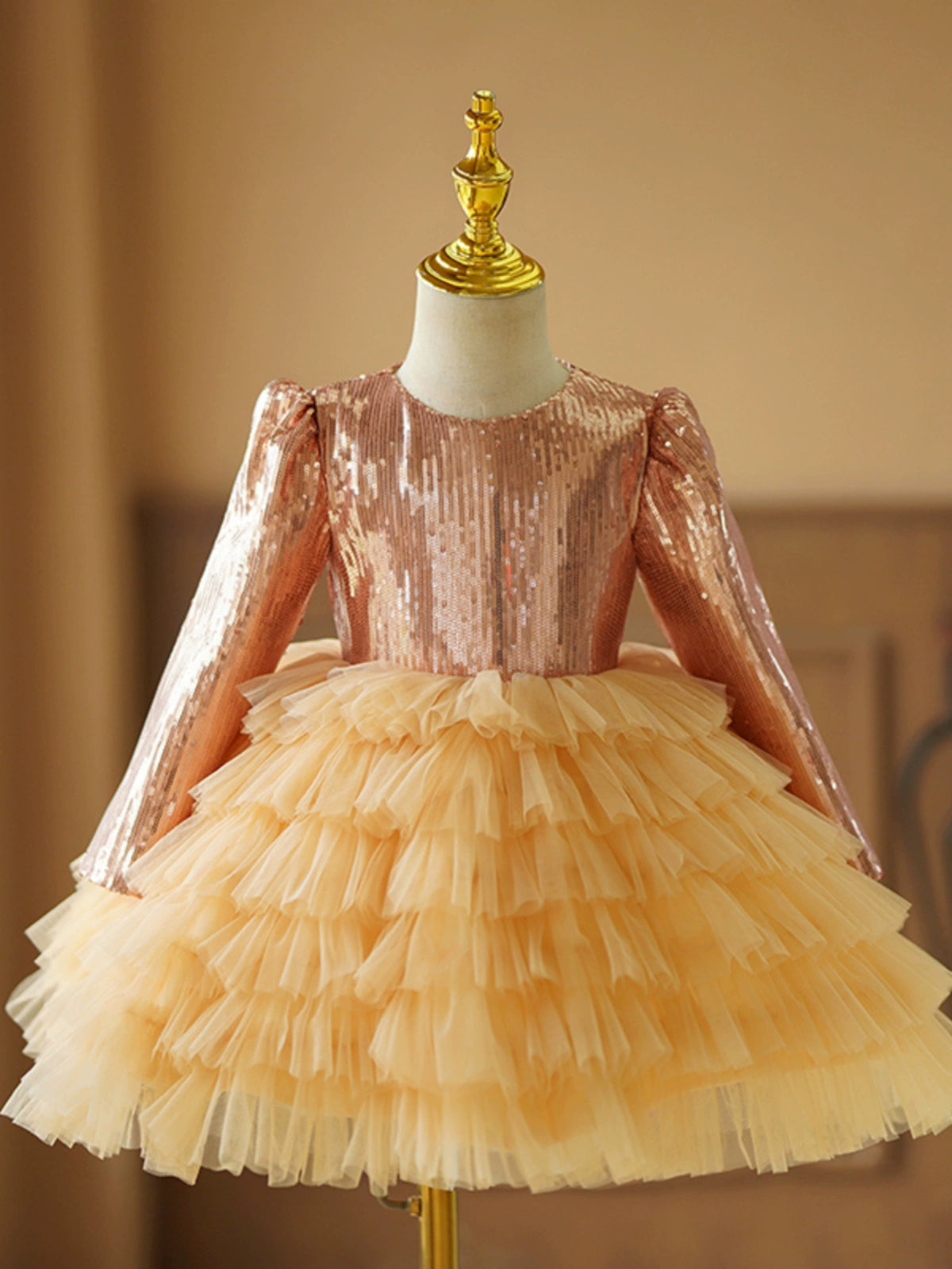 Princess Gold Tulle Back Zip Baptism Tea Length Long Sleeve Round Flower Girl Dress