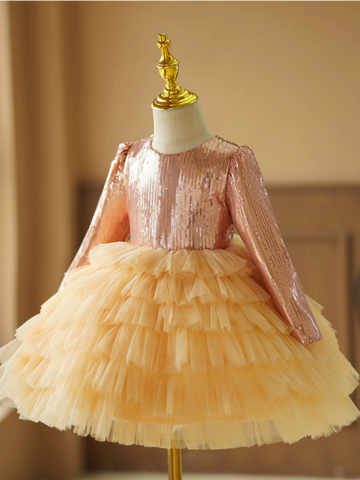 Princess Gold Tulle Back Zip Baptism Tea Length Long Sleeve Round Flower Girl Dress