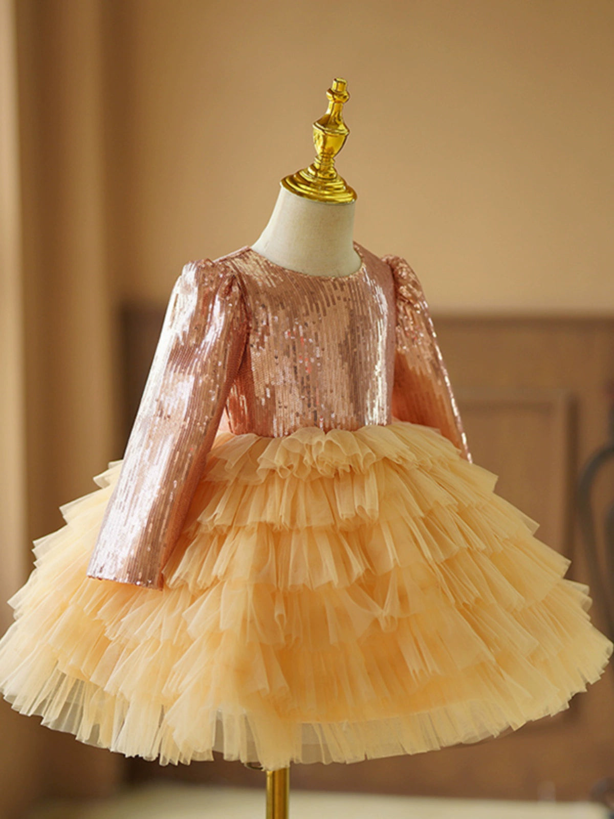 Princess Gold Tulle Back Zip Baptism Tea Length Long Sleeve Round Flower Girl Dress