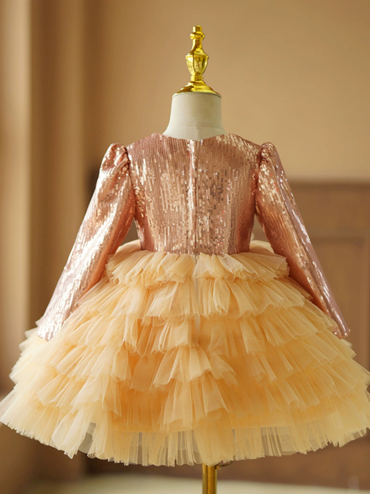 Princess Gold Tulle Back Zip Baptism Tea Length Long Sleeve Round Flower Girl Dress