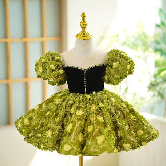 Princess Green Lace Back Zip Baptism Applique Tea Length Short Sleeve Puff Sleeve Sweetheart Flower Girl Dress