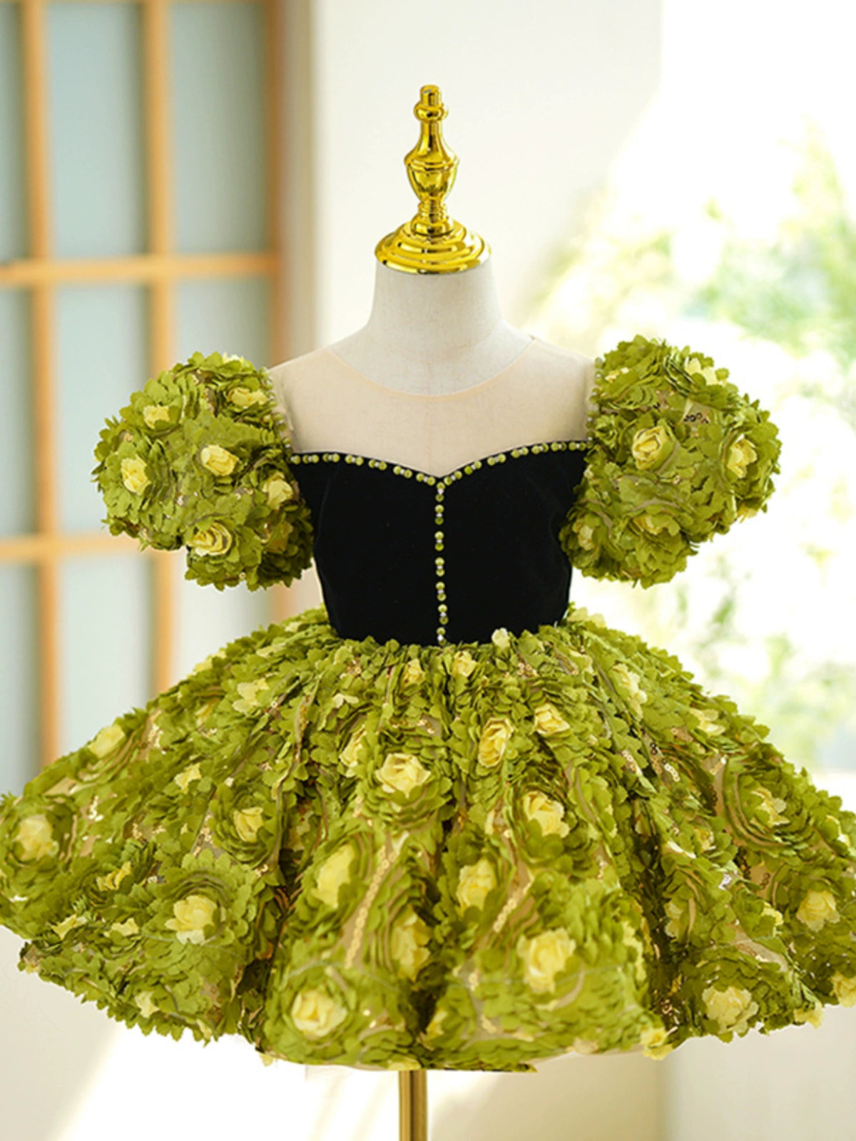 Princess Green Lace Back Zip Baptism Applique Tea Length Short Sleeve Puff Sleeve Sweetheart Flower Girl Dress