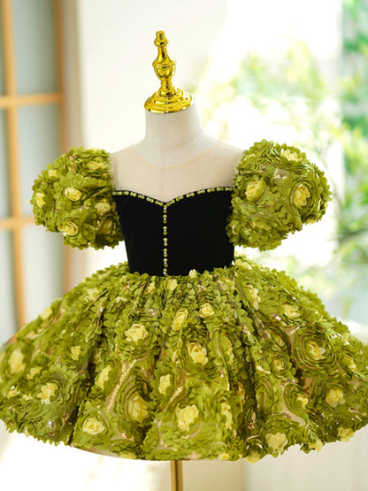 Princess Green Lace Back Zip Baptism Applique Tea Length Short Sleeve Puff Sleeve Sweetheart Flower Girl Dress