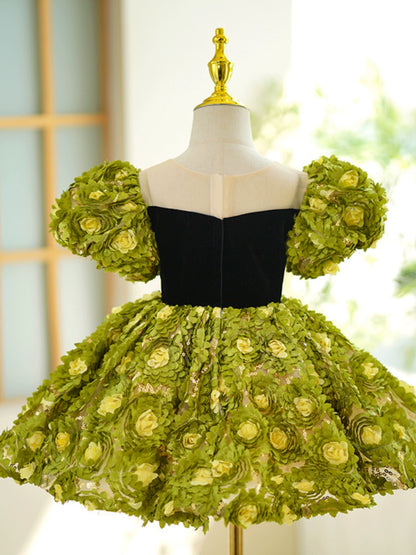 Princess Green Lace Back Zip Baptism Applique Tea Length Short Sleeve Puff Sleeve Sweetheart Flower Girl Dress