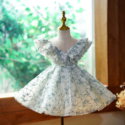 Princess Green Lace Back Zip Baptism Lace Tea Length Sleeveless Cap Sleeve Round Flower Girl Dress