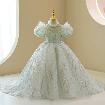 Princess Green Organza Crossed Straps Baptism Beaded Floor Length Short Sleeve Puff Sleeve Jewel Neck Flower Girl Dress