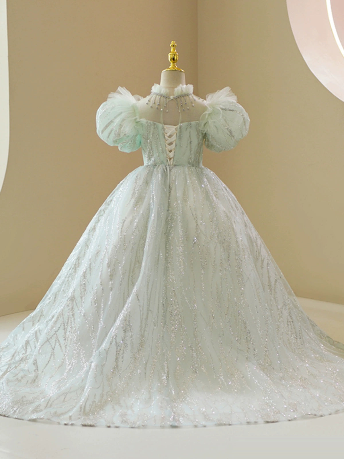 Princess Green Organza Crossed Straps Baptism Beaded Floor Length Short Sleeve Puff Sleeve Jewel Neck Flower Girl Dress